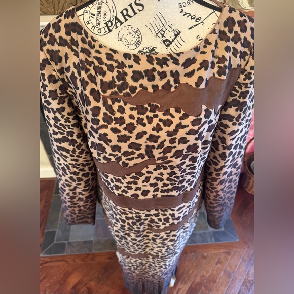 Vintage LISA RENE ANIMAL PRINT DRESS BY DONNA VINCI Fringe Sz 10 Brown Suede Tan - Picture 3 of 9